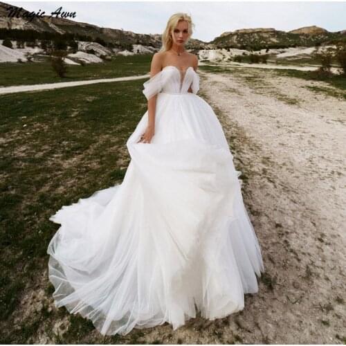 Magic Awn 2022 White Boho Wedding Dresses Off The Shoulder Sequins Beaded Illusion Beach Bridal Gowns For Women Vestidos Novia