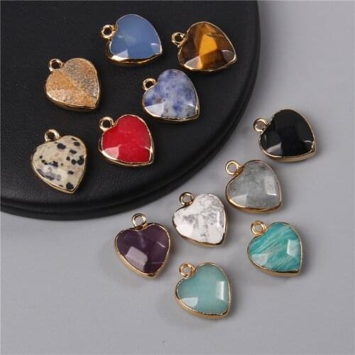 2pcs Natural Tiger Eye Stone Amethysts Pendant Heart Shape Metal Stone Necklace Earring Pendant Charm for Making Jewelry 14x17MM