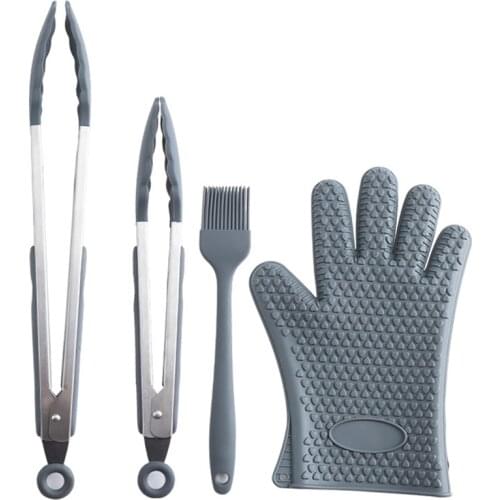 4Pcs/Set Grilling Tongs Set Creative Stainless Steel Food Tongs With Silicon Glove Anti-Scalding Rubber Glove Brush Kitchen Tool