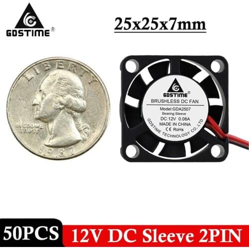 50pcs 25x25x7mm Chipset Heatsink Mini Cooling Fan DC 12V 2Pin 25mm Brushless Audio Cooler Fan 2507 Micro 3D Printer Radiator Fan