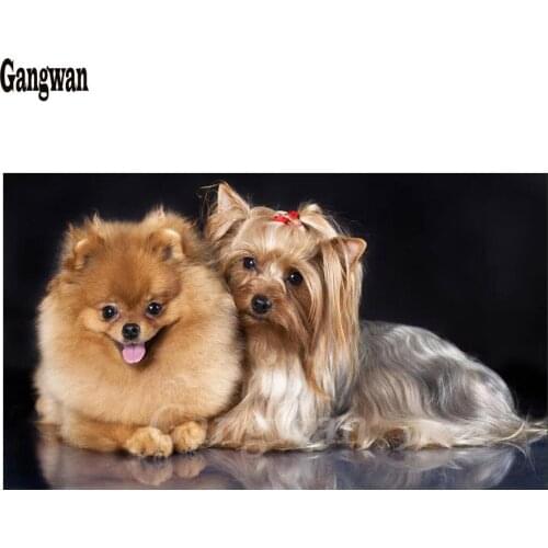 Large size 5D DIY Diamond Cross Stitch Yorkshire Terrier and puppy pomeranian Full Diamond Embroidery Dogs Diamond Mosaic paint
