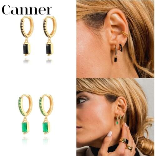 Canner Pendiente Plata 925 Silver Earrings For Women White/Black/Green/Purple CZ Crystal Earing Hoop Fine Jewelry Joyero Gift W5