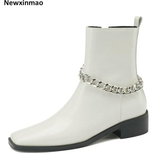 2021 Round Toe Women Ankle Boots Thick Heels Autumn Winter High Quality Genuine Leather Concise Casual Shoes Woman Brand New