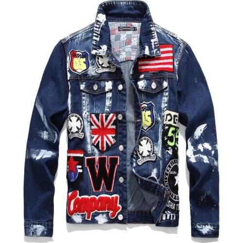 New Mens male flag letters patch design painted denim jacket Slim fit skull badge patchwork long sleeve jean coat Outerwear