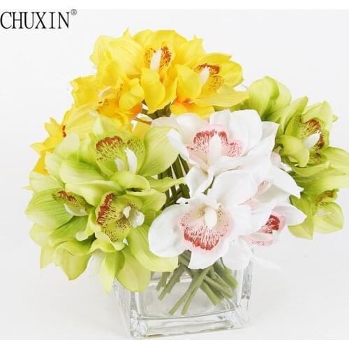 Simulation Cymbidium flower bouquet high-end hand feel 6pcs artificial orchid wedding bride flower bouquet home party decoration