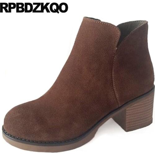 Chinese High Heel Short Chunky Shoes Autumn Booties Women Ankle Boots 2021 Round Toe 2021 Fall Suede Brown Ladies Female New