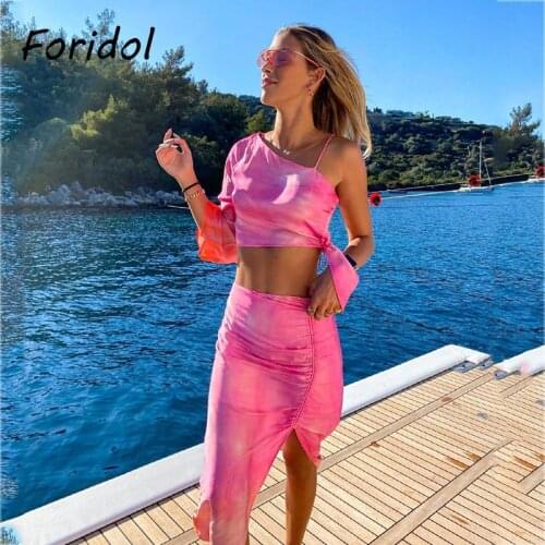 Foridol tie-dyed satin dress set suits women summer pink top skirt two pieces sets beach silk sundress matching set 2021