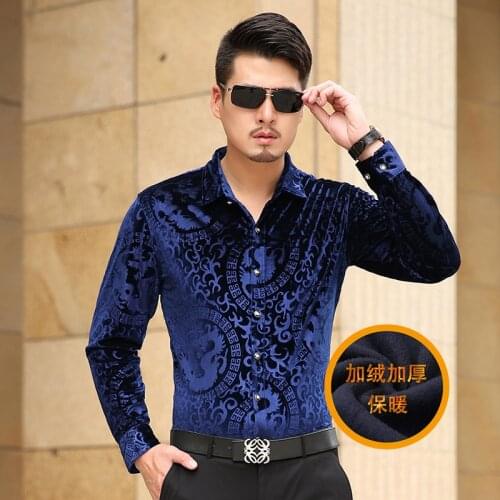 Fleece Shirt Mens Winter Warm Thick Shirt Floral Casual Flannel Velvet Soft Long Sleeve Slim Male Business Dress Shirts