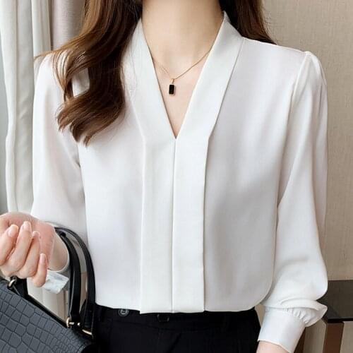 Autumn Women V-Neck White Chiffon Blouse Shirt Women Tops Long Sleeve Blouse Women Blusas Mujer De Moda 2021 Blouses Femme F162
