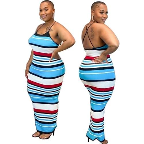 Sexy Women Nightclub Party Dress With Color Striped Print Plus Size Halter Sleeveless Ladys Backless Bodycon Ankle-Length Dress