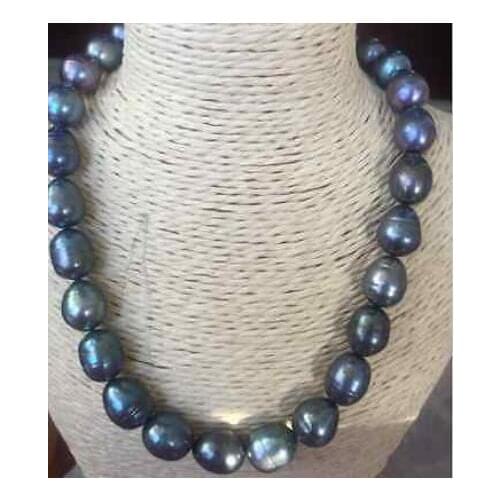 Stunning baroque 10-11mm tahitian peacock blue pearl necklace 18inch 14k