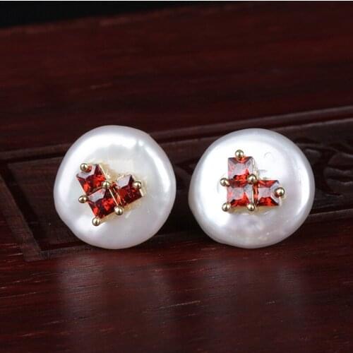 Wine red cz pave tiny gold mosaic splice heart charms coin freshwater pearl bead charm chic dainty stud earring for women
