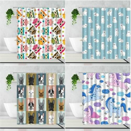 Cute 3D Cartoon Animal Shower Curtain Cat Dog Owl Blue Bear Bathroom Curtains Set Polyester Waterproof Bathtub Screen With Hooks