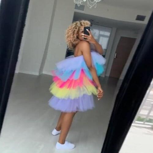 New 2020 Multi color High Low Tulle Skirts Women Puffy Lady Party Tutu Skirt Elastic Custom Chic Tiered Ruffle Rainbow Skirts