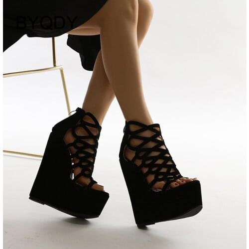 BYQDY 2021 Summer Cut-Outs Hollow Women Rome Sandals Open Toe Flock Cover Heel Female Wedges High Heels Lady Sandals With Zipper