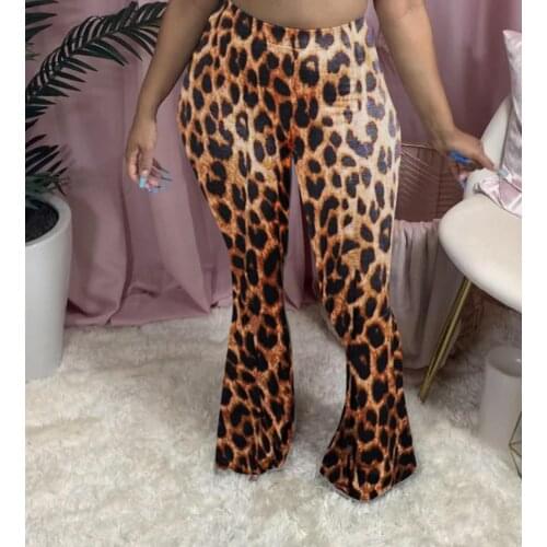 2021 Women New Arrival Leopard Printed Bell Bottom Pants High Waist Sweatpants Women Wide Leg Stretchy Fashion Trend