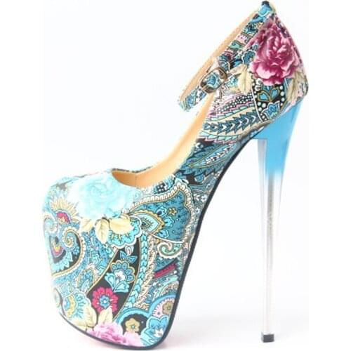 2018 New Ultra High Heels 20cm Fine With Flowers National Wind Single Shoes Large Size Small Size Womens Shoes 43 Yards