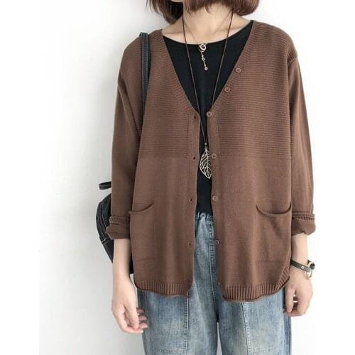 Women Knitted Cardigans Sweater Fashion Spring and Autumn Long Sleeve Loose Coat Thin section Button V Neck Tops Large size2021