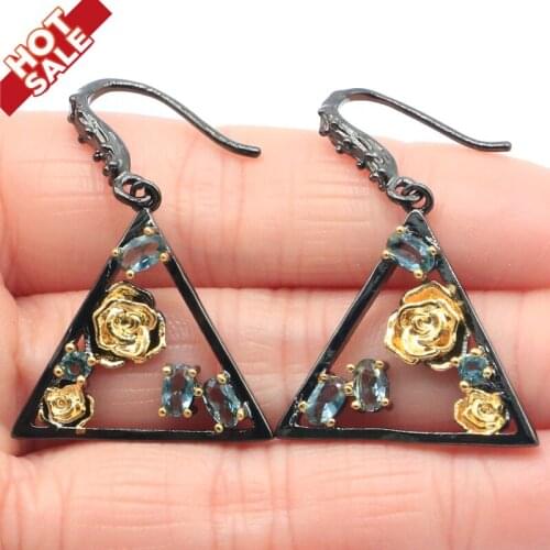 39x26mm Neo-Gothic 7.5g Flowers Trangle Shape Created London Blue Topaz Cool Black Metal Silver Earrings Pendant Jewelry Set