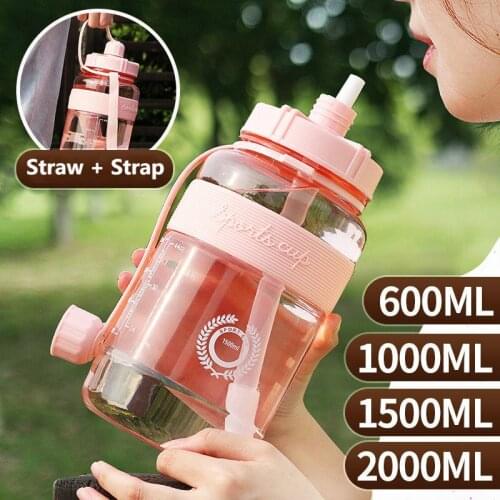 600ml-2000ml Outdoor Sports Water Bottle with Straw and Strap BPA Free Fitness Climbing Bicycle Bottle for Water Men Women Gift