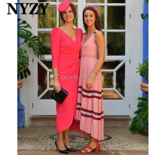 Satin 3/4 Sleeves Tea Length Evening Gown NYZY C206 Evening Dress for Wedding Party Robe de Soiree vestido de festa
