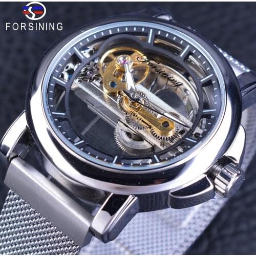 Forsining Casual Watch Mens Mechanical Watch Top Brand Luxury Waterproof Skeleton Watches Silver Mesh Stainless Steel Band