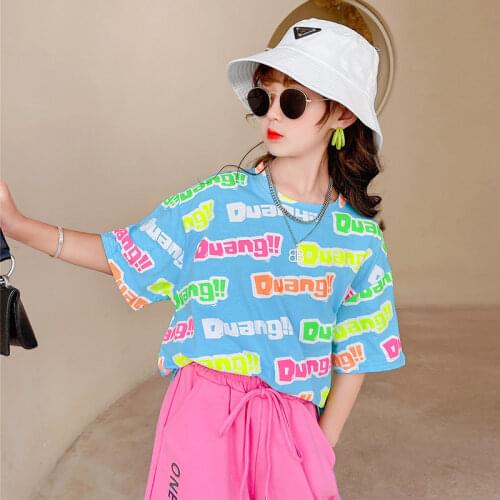 Teen Summer Clothes Kids Long Cartoon T-shirt Girl Sport Short Sleeve Tops Children Fashion Casual T-shirt Dress 12 13 14 Years