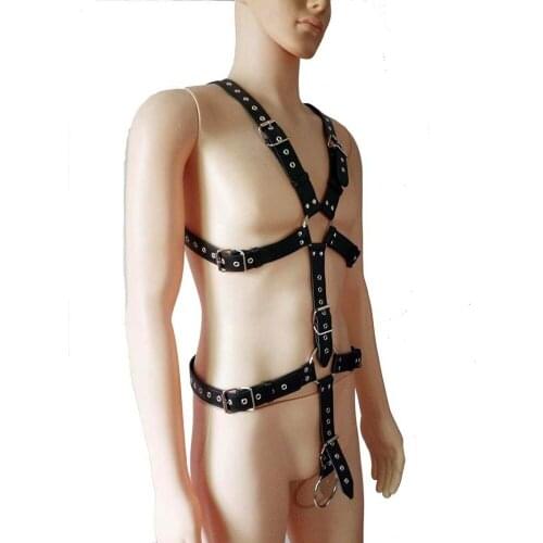 Men Studded PU Leather Strap Body Restraint Fetish Wear with Metal Harness Penis Ring Sub Role Play Costume