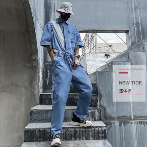 Mens Short Sleeve Long Overalls Casual Safari Cargo Pants Straight Pockets Black Blue Size S-XXXL D1