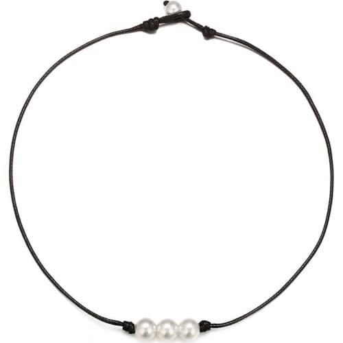 Artificial pearl necklace Fake Leather Rope one bead knotted necklace three beads handmade black string necklace