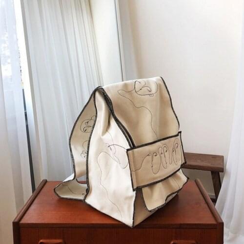 FIRMRANCH Korean Stylish Brand Embroidered Face Line Design Wide Shoulder Strap Womens Reusable Quilted Canvas Crossbody Bag