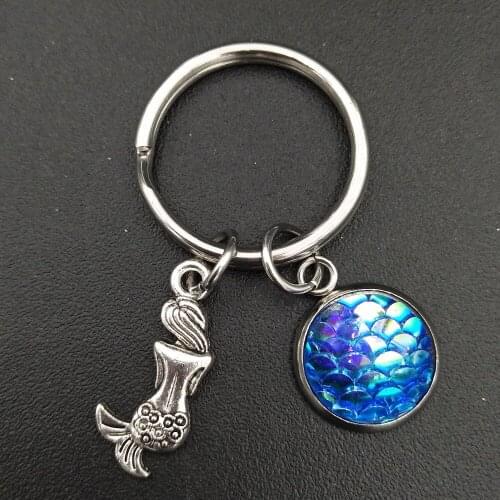 Summer Beach Style Mermaid and Blue Scale Charm Keychain Stainless Steel Keyring Fashion Girls Women Jewelry Accessories