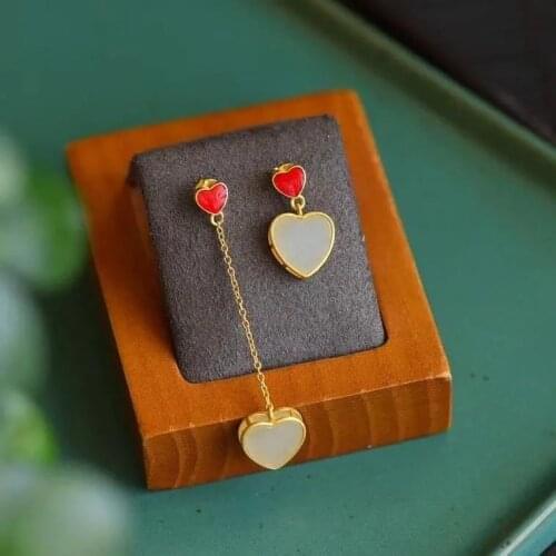 Love Heart Earrings Heart Shaped Hetian Jade Ear Studs Simple Womens Small Cute Sweet All-Match Small Earrings Types A and B Ea