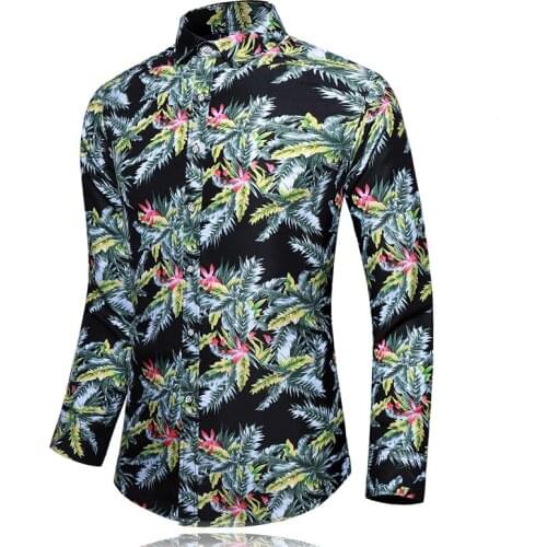 Autumn Spring Clothes Slim fit Shirt Men Long Sleeves Big Size M-5XL 6XL 7XL Print Hawaiian Beach Casual Floral Shirt For Man