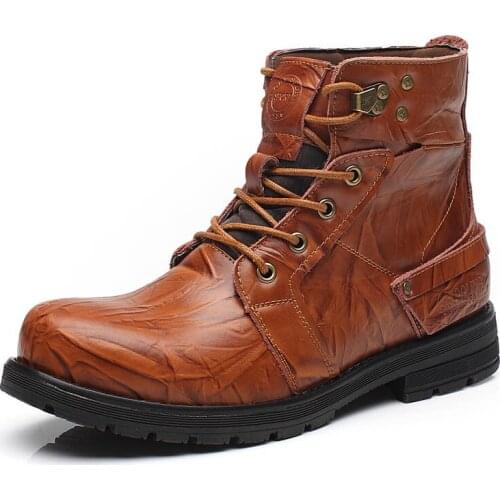 Motorcycle Men Genuine Leather Lace Up Fashion Winter Fur Lining Hot Sale Warm Shoes Matin Boots Snow Boots Male Footwear Black