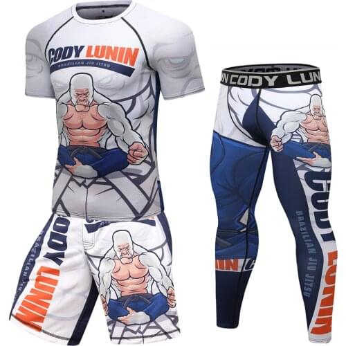 Mens MMA Sport Sets Compression Gym T Shirts+Pants Kickboxing Quick Dry Tights Suits Workout Jogging Sports Fitness Running Set
