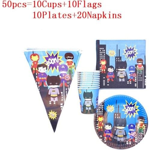 Cartoon Superhero Party Set Kids Boys Theme Birthday Party Supplies Paper Plates Cups Flags Napkins Baby Shower Party Decoration