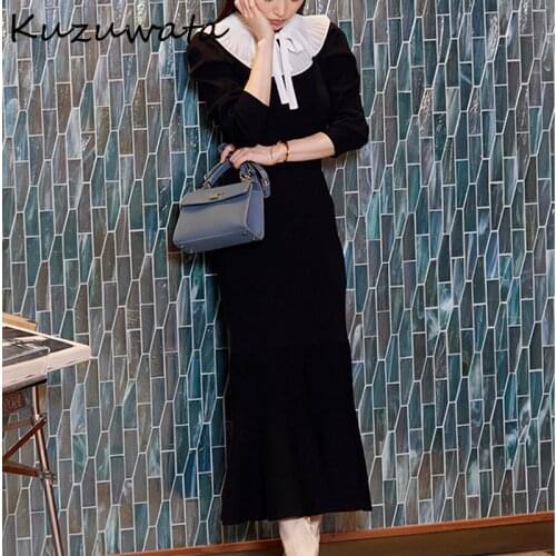 Kuzuwata 2021 Autumn New Women Robe Japan Style Sweet Vestidos Detachable Neckline Lace Collar Solid Slim Ruffles Mermaid Dress