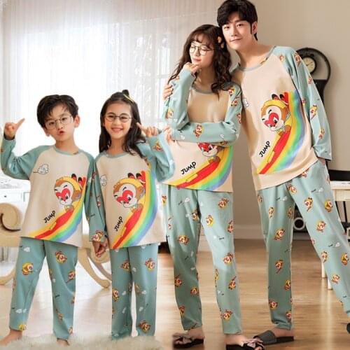 New Autumn Winter Cute Cartoon Parent-Child Pajamas For Boys Girls Children Pure Cotton Long Sleeve Home Wear Kids Clothes