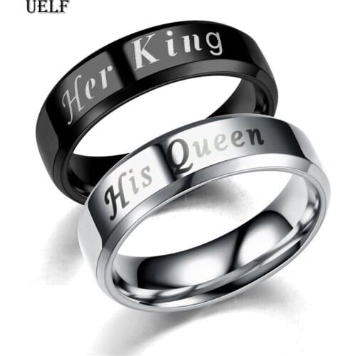 Uelf Couple Rings Stainless Steel Her King And His Queen Rings For Lovers Black Elegant Wedding Anniversary Women Jewelry Ringen