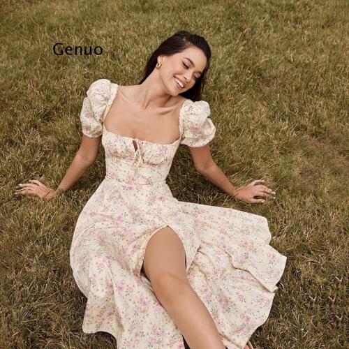 Summer fashion elegant boho print Slit maxi dress women french romantic party vacation beach casual floral dress ladies