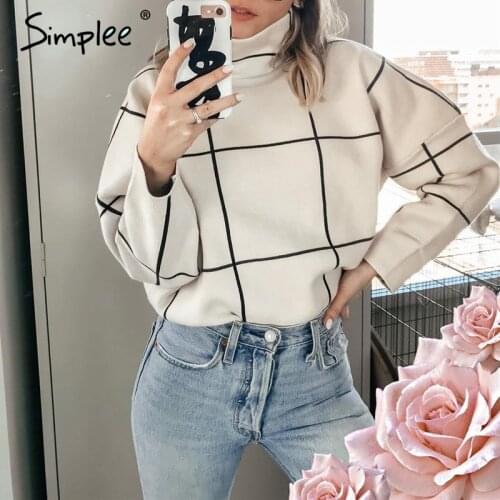 Simplee Autumn turtleneck plaid women pullover Casual office knitted top outerwear sweater Female winter warm out jumpers 2019