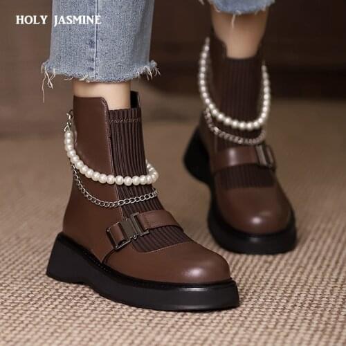 Working Casual Women Ankle Boots Genuine Leather Platform Shoes 2021 Autumn Winter Metal Decoration Shoes Woman Chelsea Boots