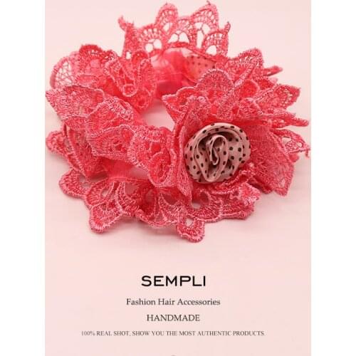 Sempli 10 Colors High Quality Nylon Elastic Hair Bands For women Three Lace Rose Flower Hair Accessories Mujer Rubber Bands