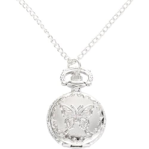 Silver Quartz Butterfly Arabic Numerals Pocket Watch With Vintage Necklace
