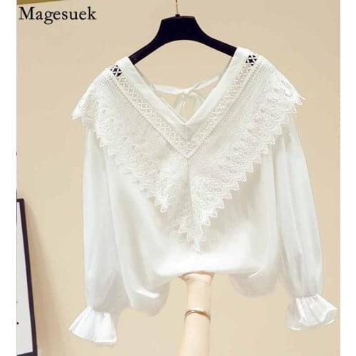 Autumn Long Sleeve Lace Flower Blouse Women Korean V Neck Lace-up Hollow Out Womens Shirt Loose Sweet White Tops Blusas 16568
