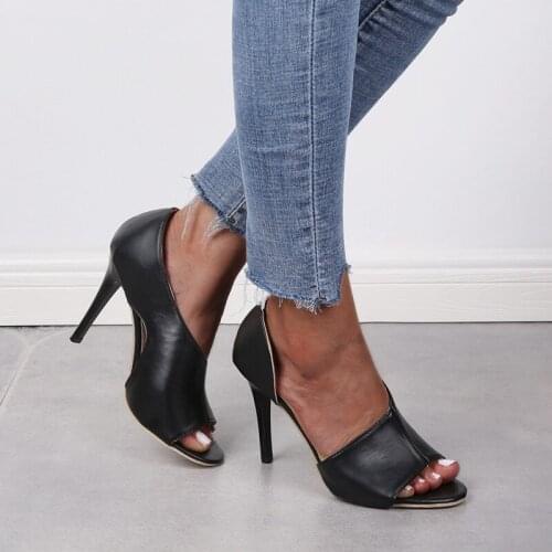 Womens Summer Slip-on High Heel Sandals 2021 Stiletto Pointed Open Toe Large Size Fashion Sexy Designer Solid Black Party Shoes