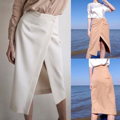 Women High Waist Sexy Irregular Wrap Front Split Midi Long Straight Skirt Office Lady Solid Color Casual Slim Clubwear