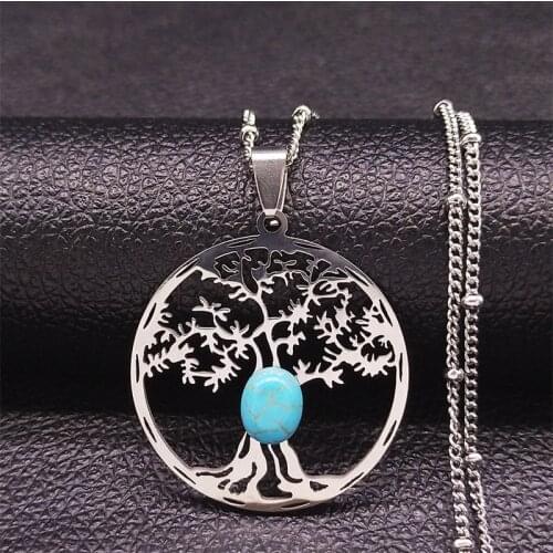 Tree of Life Natural Stone Stainless Steel Chain Necklaces Women Silver Color Necklaces Boho Jewelry colier femme XH1246S04