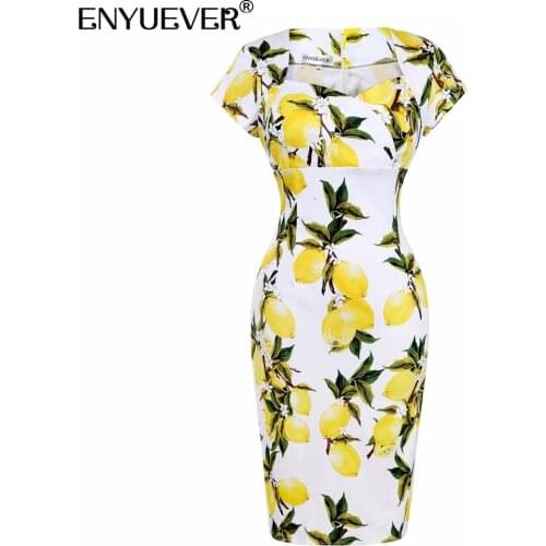 Enyuever Sexy Bodycon Dress Women Clothing Knee Length Robe Retro Casual Lemon Print Sheath Fitted Pencil Dress Party Vestidos